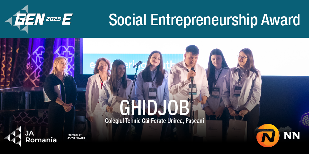 Echipa GhidJob de la Colegiul Tehnic Căi Ferate Unirea, Pașcani, premiată de NN cu Social Entrepreneurship Award, în cadrul finalei naționale GEN-E